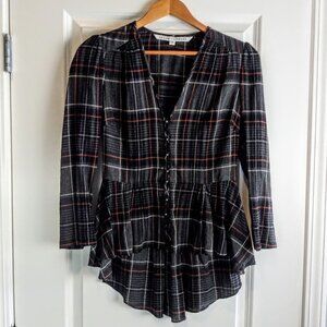 Veronica Beard Black Plaid Button-Front Peplum Blouse